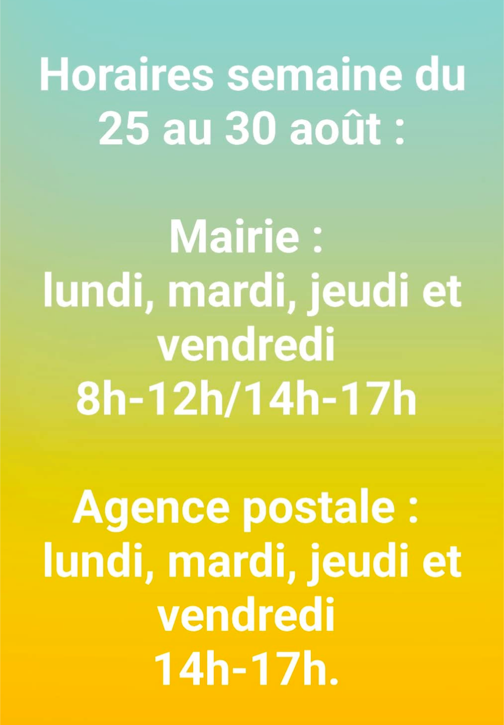 Lire la suite à propos de l’article Horaires semaine du 25 au 30 août 2025